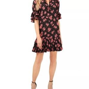 CeCe Black‎ Floral Ruffled Mini Dress with Ruffle Sleeves Size Medium